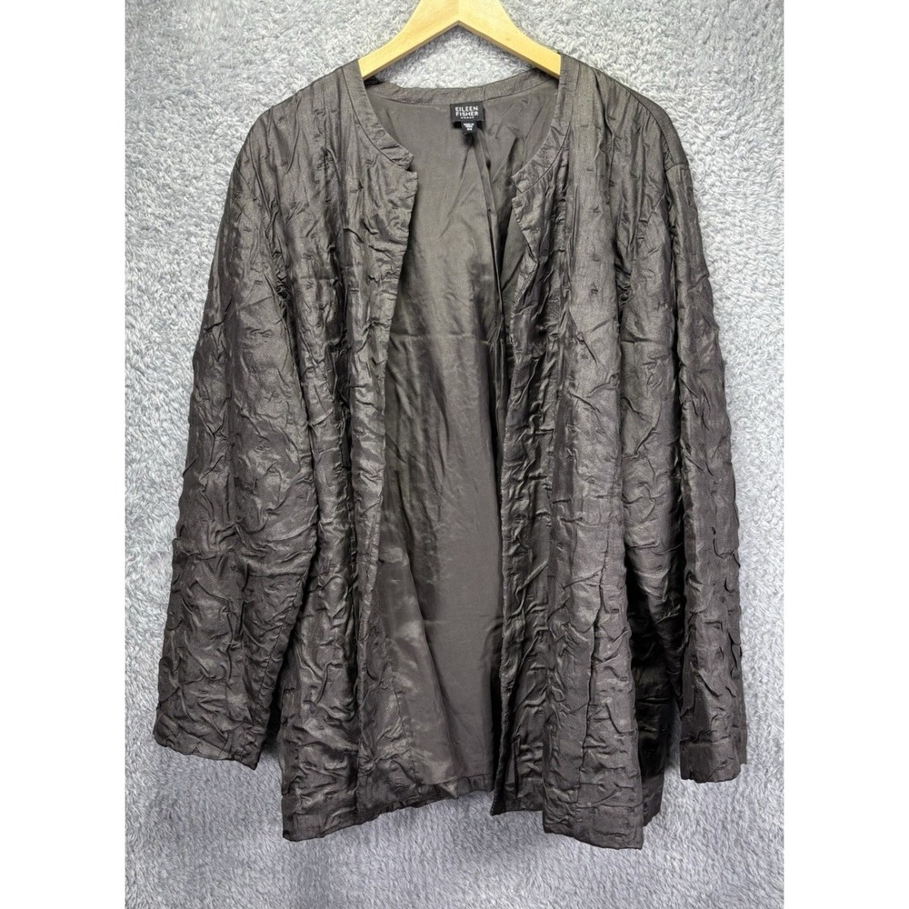 Eileen Fisher Womens 3X Gray Silk Crinkle Open Front Jacket Lined Lightweight